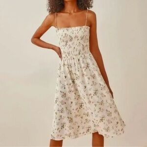 Reformation Sable Smocked Tie Shoulder Carine Floral Cream Midi Dress Med